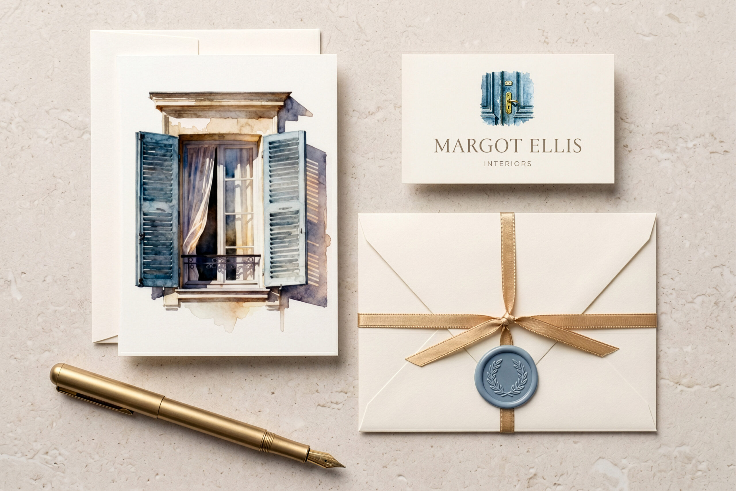 Margot Ellis stationery flatlay featuring illustrations by The Monnaco Collection.