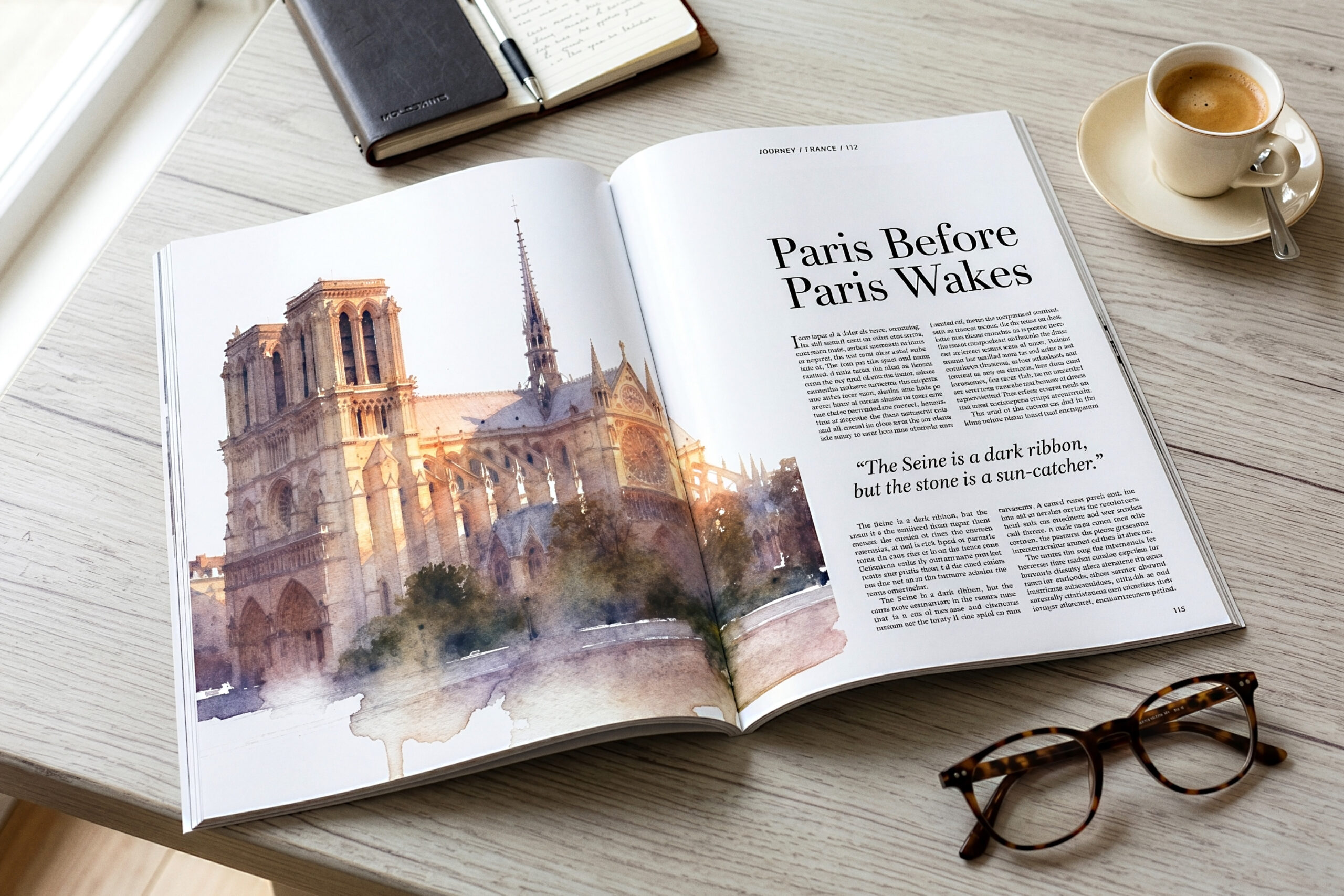 Magazine open to a page featuring a watercolor illustration of Notre Dame in Paris by The Monnaco Collection.