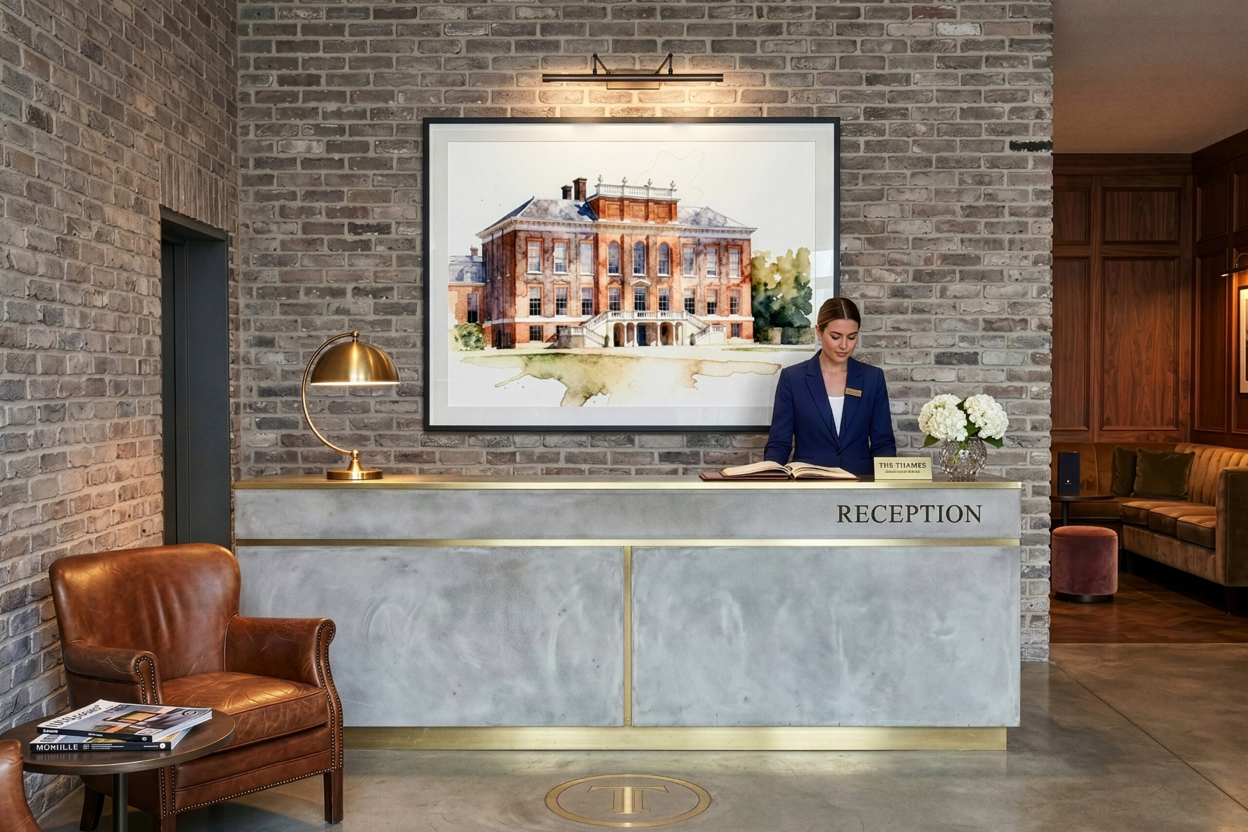 A framed watercolor print hangs above the reception desk of a boutique London hotel. Art by The Monnaco Collection.