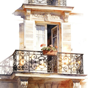 Intimate watercolor detail of an ornate Parisian balcony with intricate wrought-iron railing, open French doors revealing a shadowed interior, and a small terracotta pot of geraniums catching the morning sun against warm limestone.