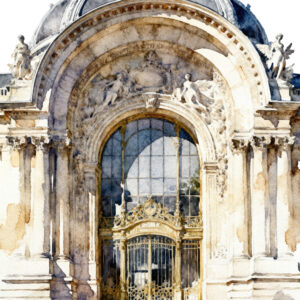 Watercolor illustration of the Petite Palais facade in Paris by The Monnaco Collection.